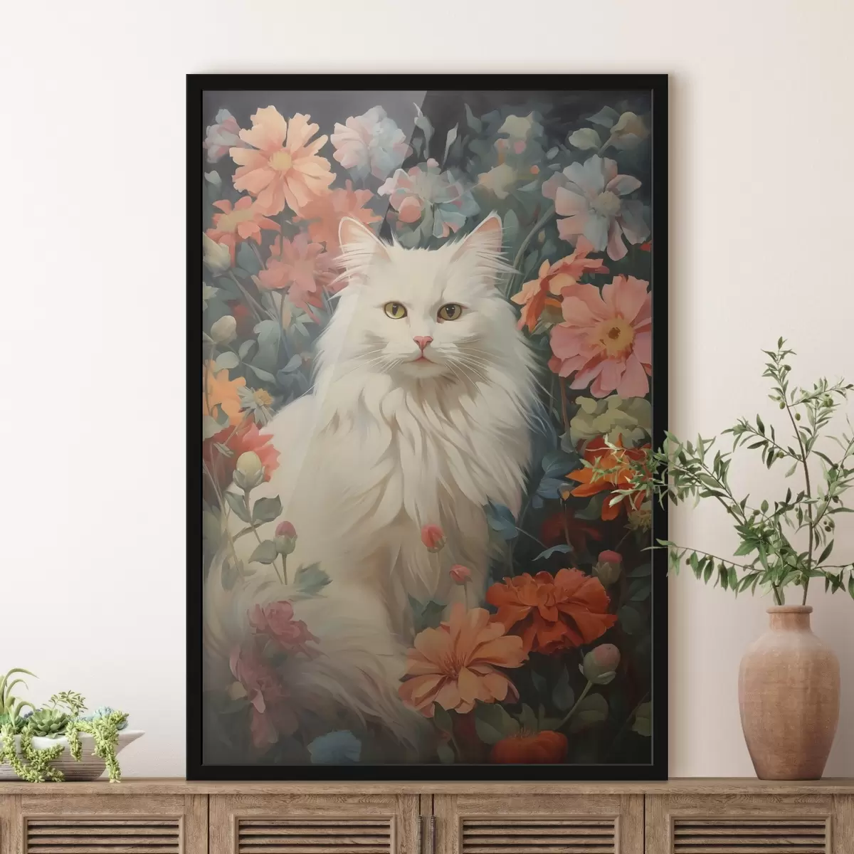 Poster Gatto bianco tra i fiori f42905