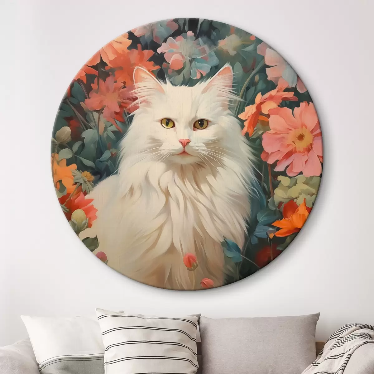 Quadri rotondi Gatto bianco tra i fiori r42905