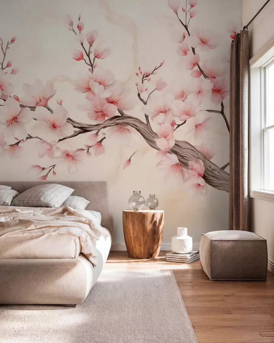 carta da parati Un delicato ramo di fiori di ciliegio con fiori rosa tenue su uno sfondo chiaro nr. w03079