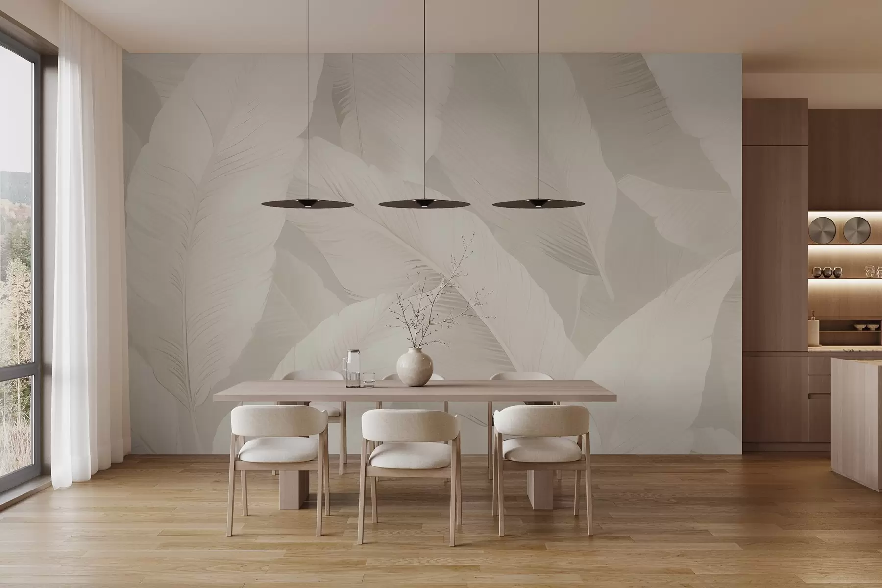 carta da parati Eleganti foglie di banano in morbide tonalità crema, nr. w03080