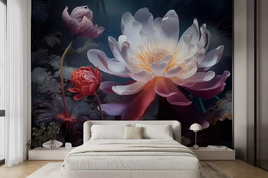 Carta da parati Floreale Fiori fantastici che sbocciano in un'atmosfera fiabesca e buia n. w08747