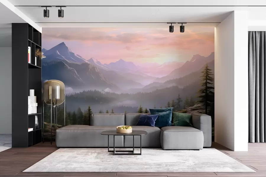 Carta da parati nature Paesaggio montano sereno all'alba con nebbia soffusa sullo sfondo di una foresta 