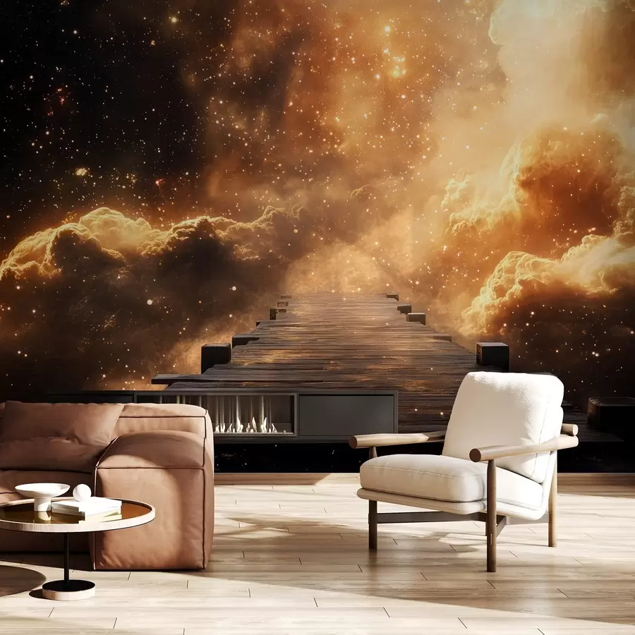 carta da parati Cielo stellato giallo-nero cosmico con molo di legno nr. w08723