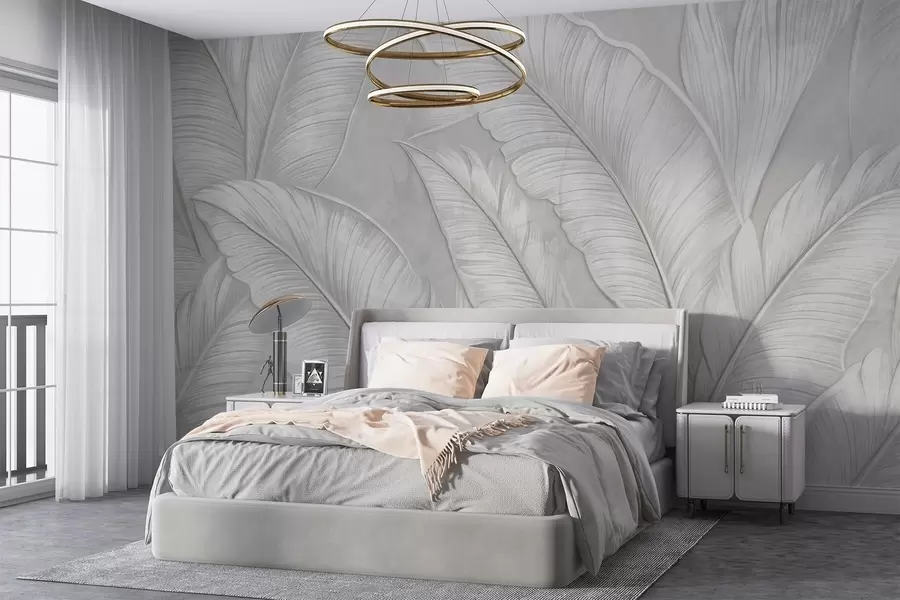 Carta da parati Tropici della Foresta Foglie tropicali di grandi dimensioni, altamente strutturate e dettagliate, in un colore monocromatico grigio chiaro in stile loft  n. w08772
