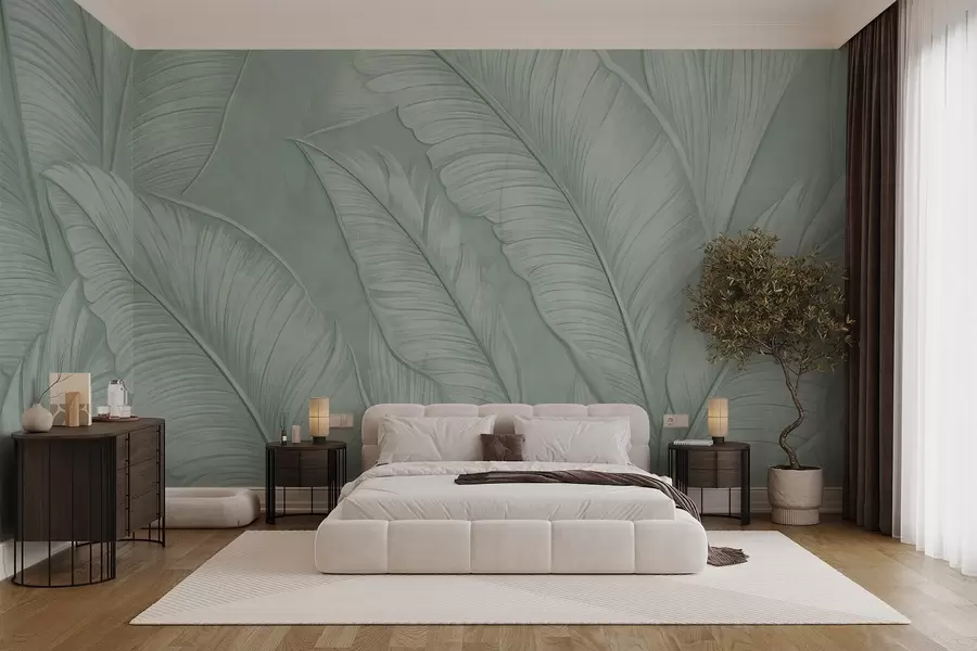 Carta da parati Tropici della Foresta Foglie tropicali grandi e dettagliate, altamente strutturate, in un colore verde monocromatico in stile loft  n. w08772v1