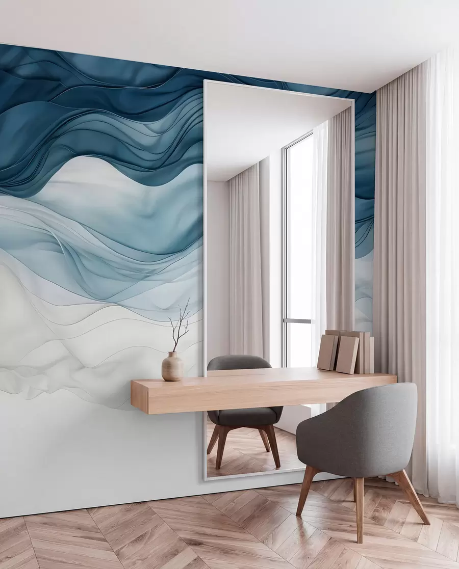 carta da parati Onde fluide di texture traslucide nei toni del blu scuro, dell'azzurro e del bianco su uno sfondo chiaro  nr. w08775
