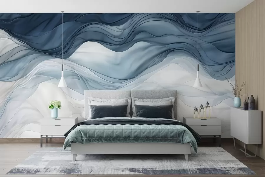 carta da parati Onde fluide di texture traslucide nei toni del blu scuro, dell'azzurro e del bianco su uno sfondo chiaro  nr. w08775