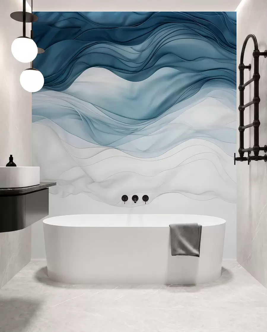 carta da parati Onde fluide di texture traslucide nei toni del blu scuro, dell'azzurro e del bianco su uno sfondo chiaro  nr. w08775