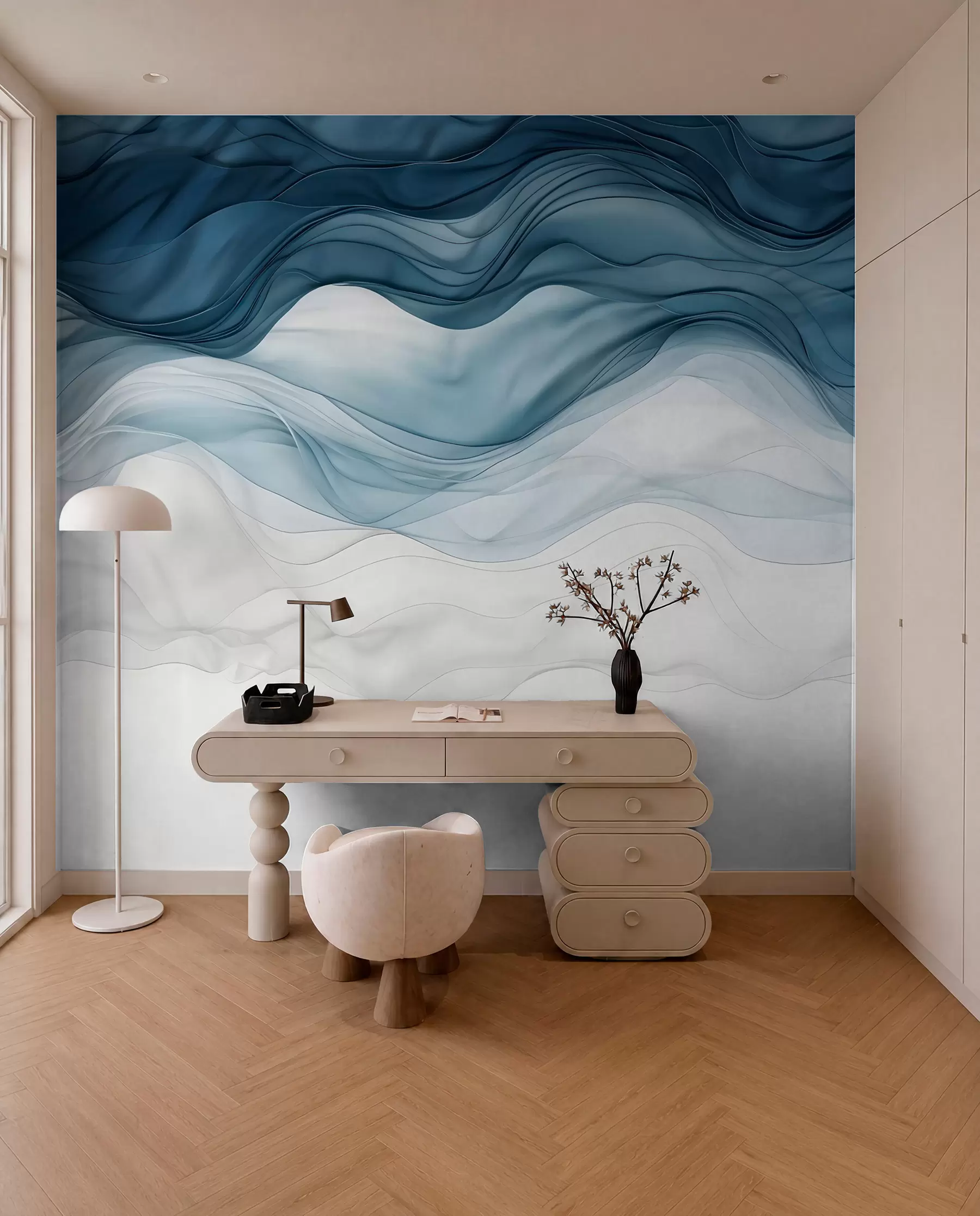 carta da parati Onde fluide di texture traslucide nei toni del blu scuro, dell'azzurro e del bianco su uno sfondo chiaro  nr. w08775