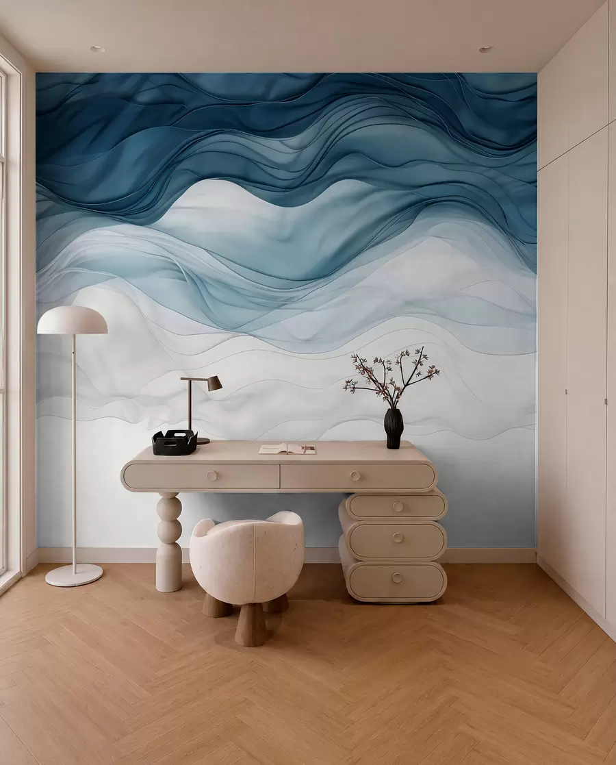 carta da parati Onde fluide di texture traslucide nei toni del blu scuro, dell'azzurro e del bianco su uno sfondo chiaro  nr. w08775