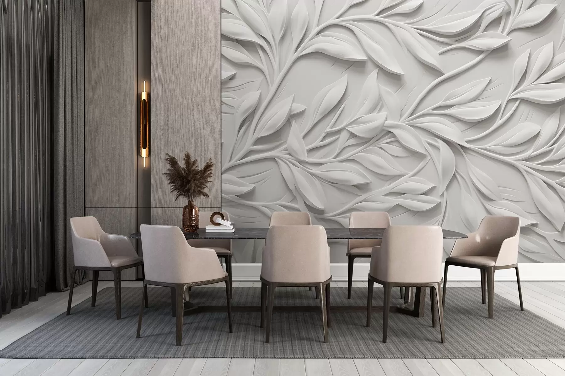 Carta da parati nature Stampa testurizzata bianca con foglie e rami, che crea un effetto di imitazione volumetrica su uno sfondo testurizzato 