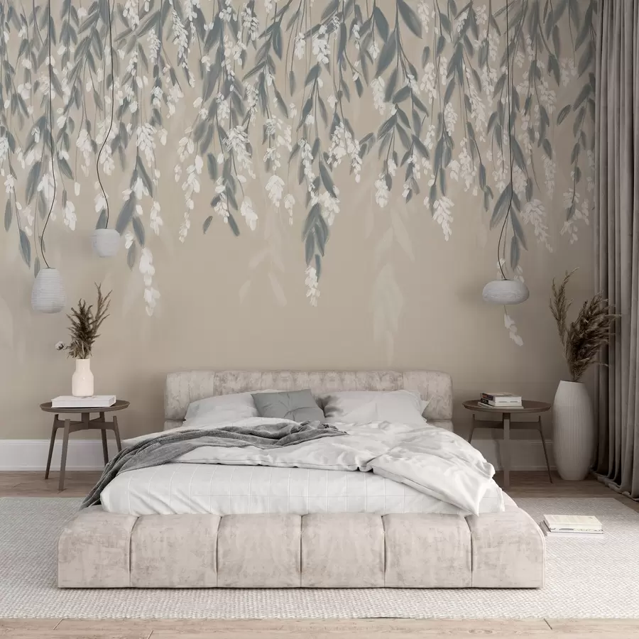 Carta da parati Floreale Rami di fogliame a cascata nei toni del verde tenue con fiori e foglie bianchi su sfondo beige n. w08781