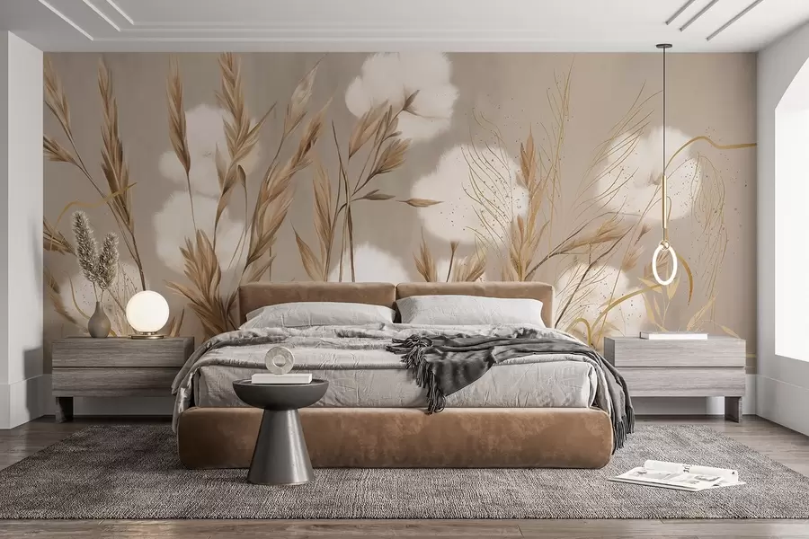 Carta da parati nature Morbidi fiori bianchi in cotone e alte spighe arancioni su uno sfondo beige dalla texture tenue 