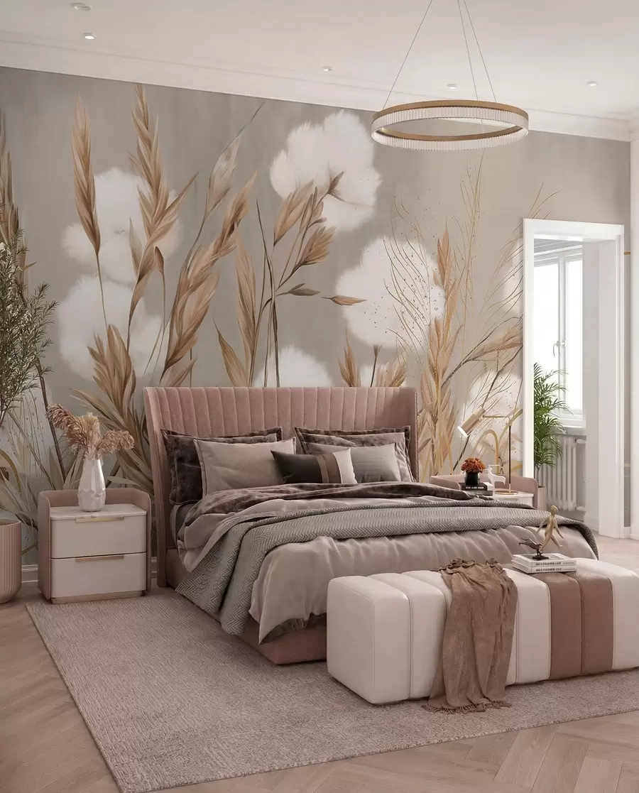 Carta da parati nature Morbidi fiori bianchi in cotone e alte spighe arancioni su uno sfondo beige dalla texture tenue 