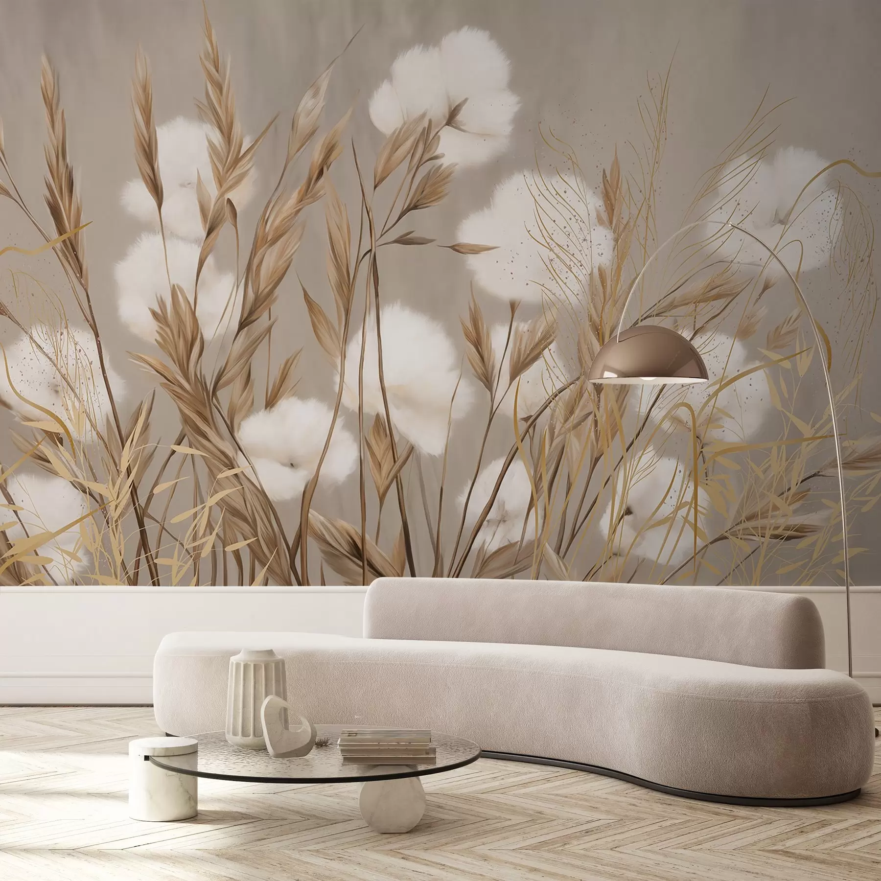 Carta da parati nature Morbidi fiori bianchi in cotone e alte spighe arancioni su uno sfondo beige dalla texture tenue 