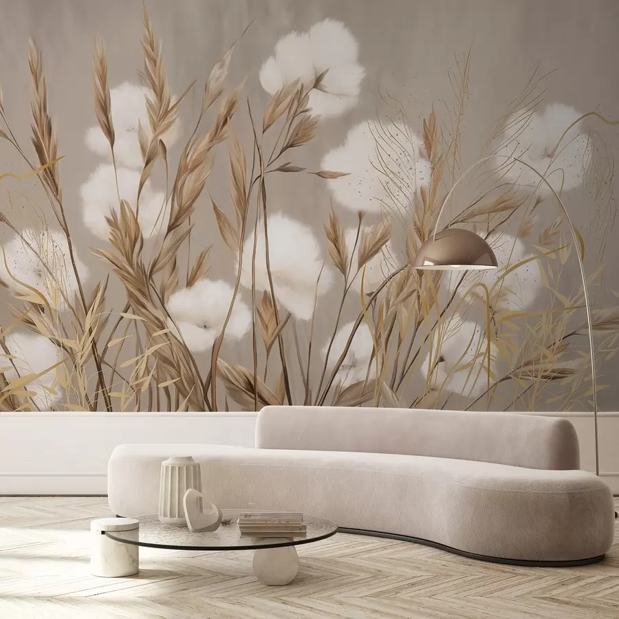 Carta da parati nature Morbidi fiori bianchi in cotone e alte spighe arancioni su uno sfondo beige dalla texture tenue 