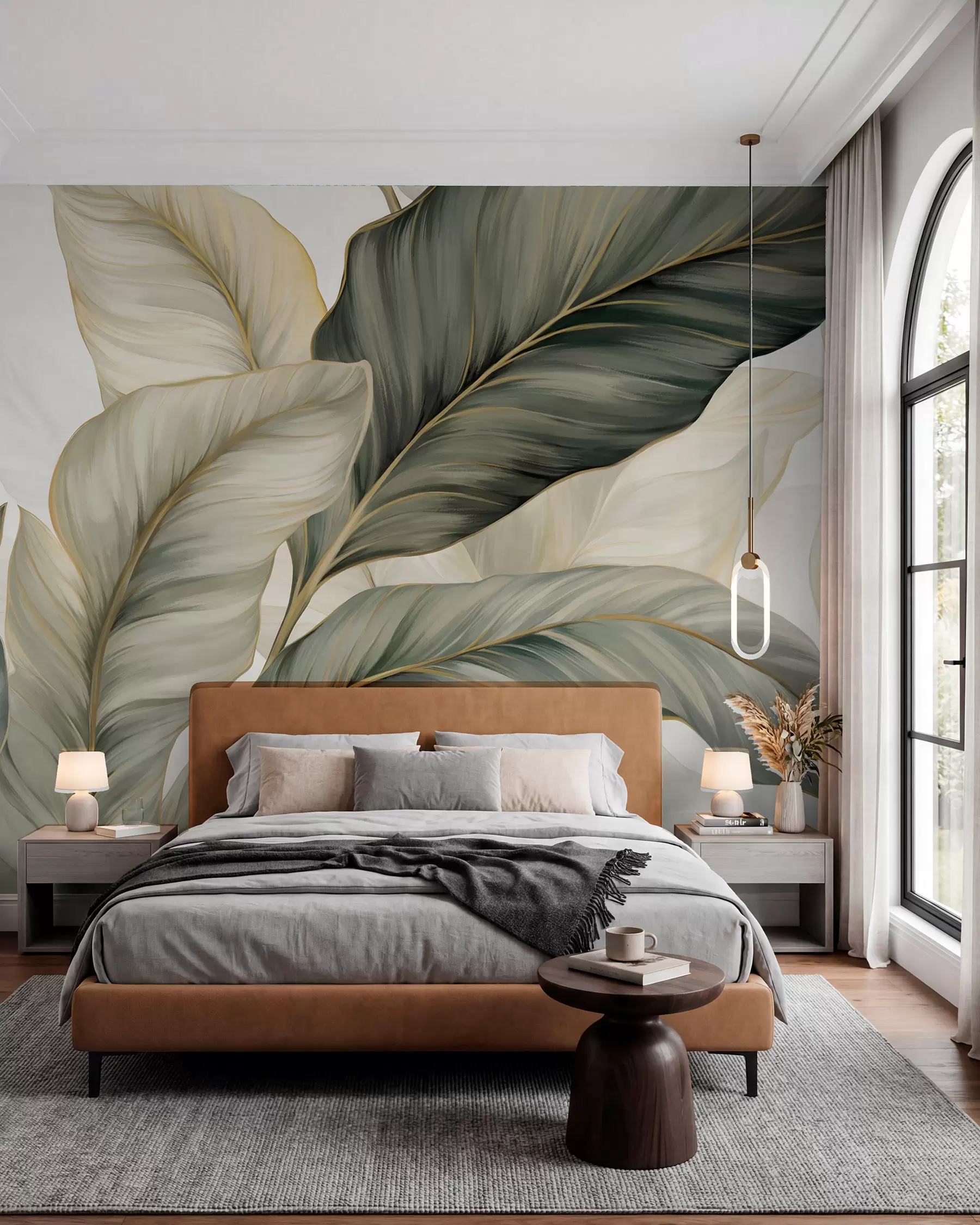 carta da parati Grandi foglie stilizzate con venature dettagliate in varie tonalità di verde, crema e beige nr. w08785