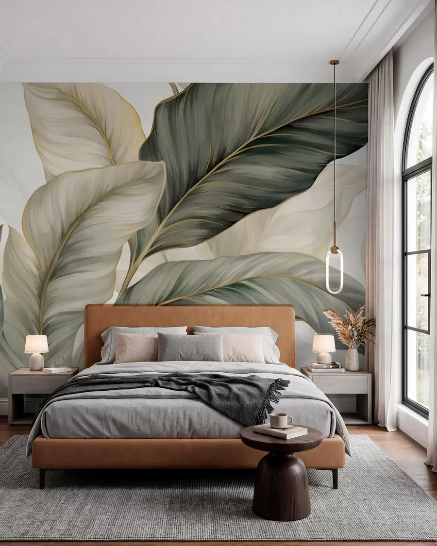 carta da parati Grandi foglie stilizzate con venature dettagliate in varie tonalità di verde, crema e beige nr. w08785