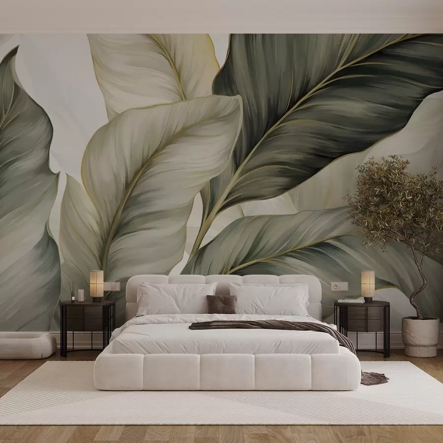 carta da parati Grandi foglie stilizzate con venature dettagliate in varie tonalità di verde, crema e beige nr. w08785