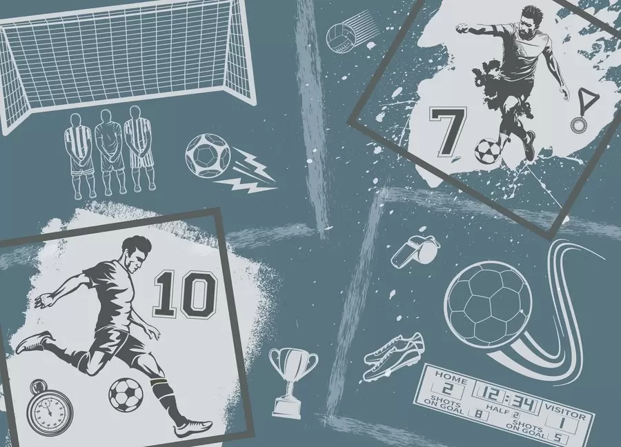 carta da parati Giocatori di calcio, pallone e altri attributi del calcio in tonalità blu nr. w03122