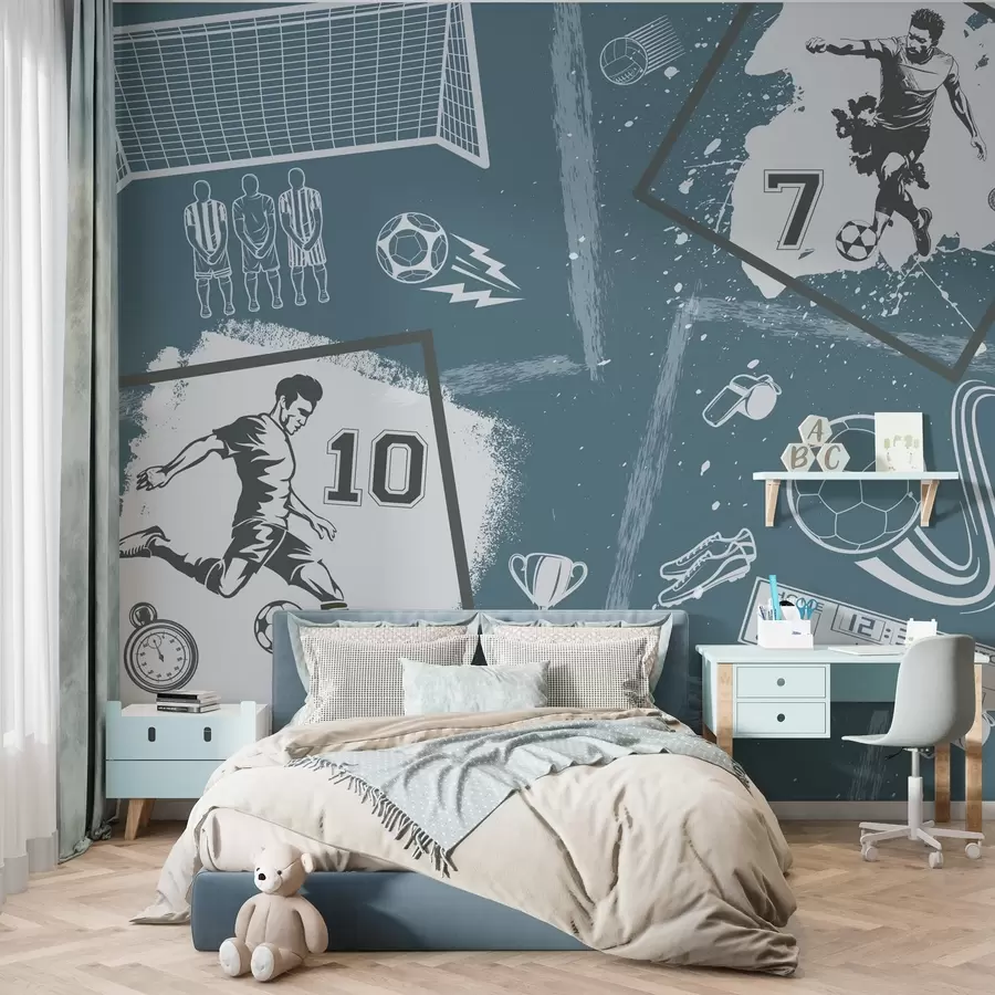 carta da parati Giocatori di calcio, pallone e altri attributi del calcio in tonalità blu nr. w03122