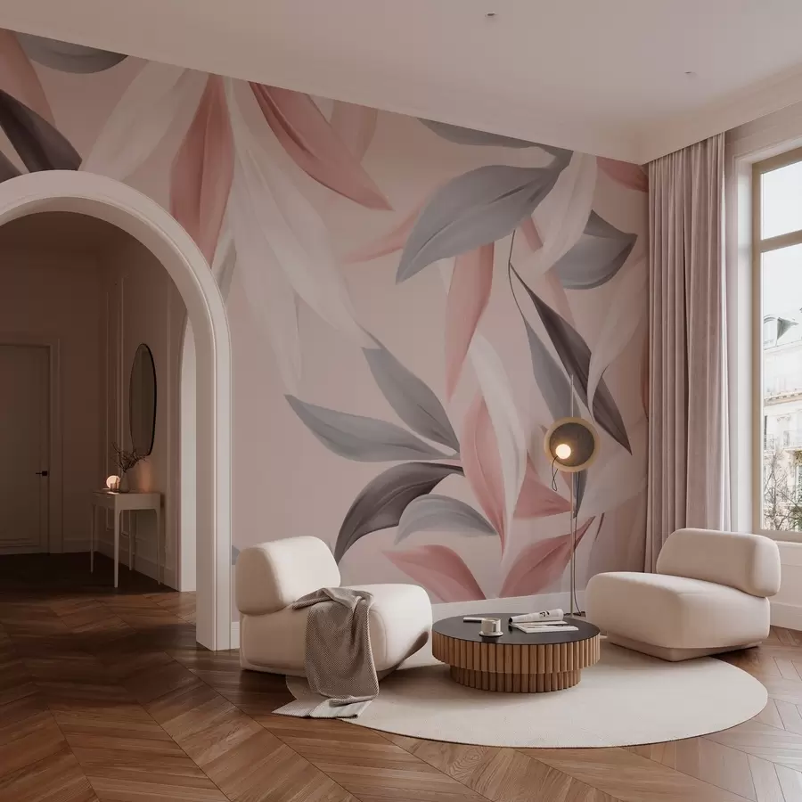 Carta da parati nature Delicate foglie tropicali in tonalità rosa 