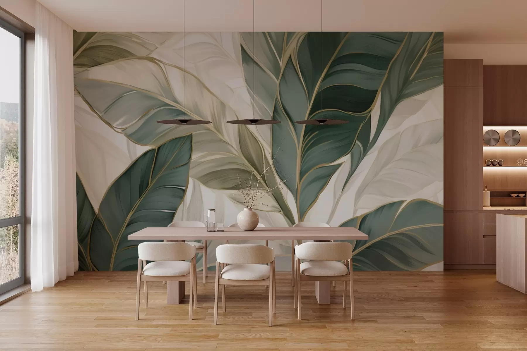 carta da parati Foglie tropicali verdi su sfondo grigio e bianco nr. w03124