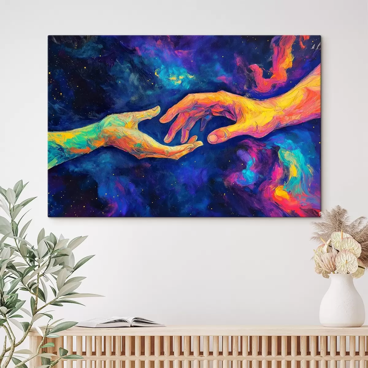 carta da parati Composizione astratta di due mani che si tendono l'un l'altra, in una tavolozza di colori vivaci su uno sfondo cosmico nr. s42937