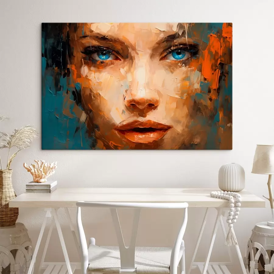 carta da parati Ritratto astratto di donna con pennellate decise e suggestivi occhi azzurri nr. s42939