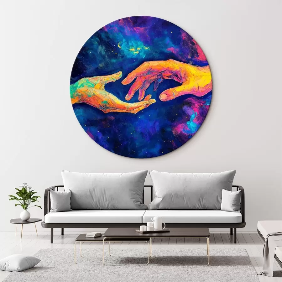 carta da parati Composizione astratta di due mani che si tendono l'un l'altra, in una tavolozza di colori vivaci su uno sfondo cosmico nr. r42937