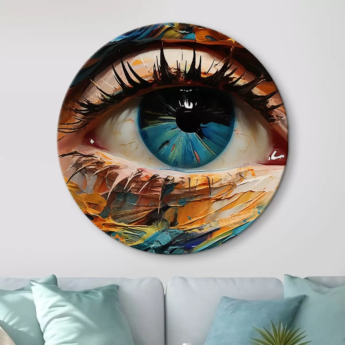 Quadri rotondi Ritratto astratto di un occhio in colori vivaci, con un effetto di pittura strutturata r42938