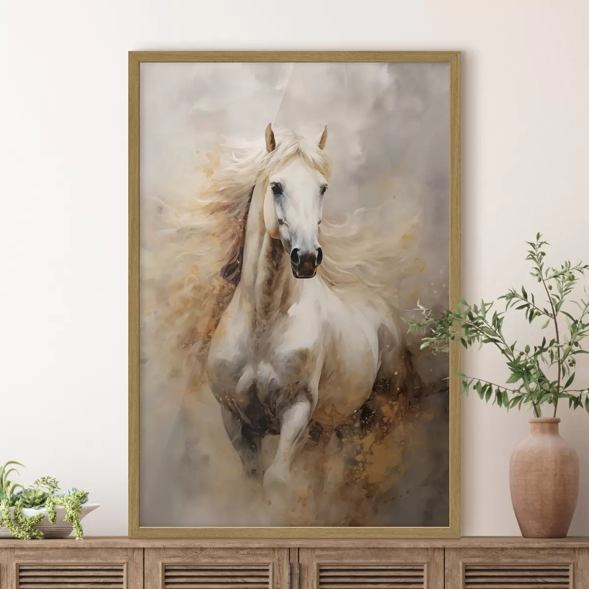 Poster Ritratto pittoresco di un cavallo bianco in movimento f42932