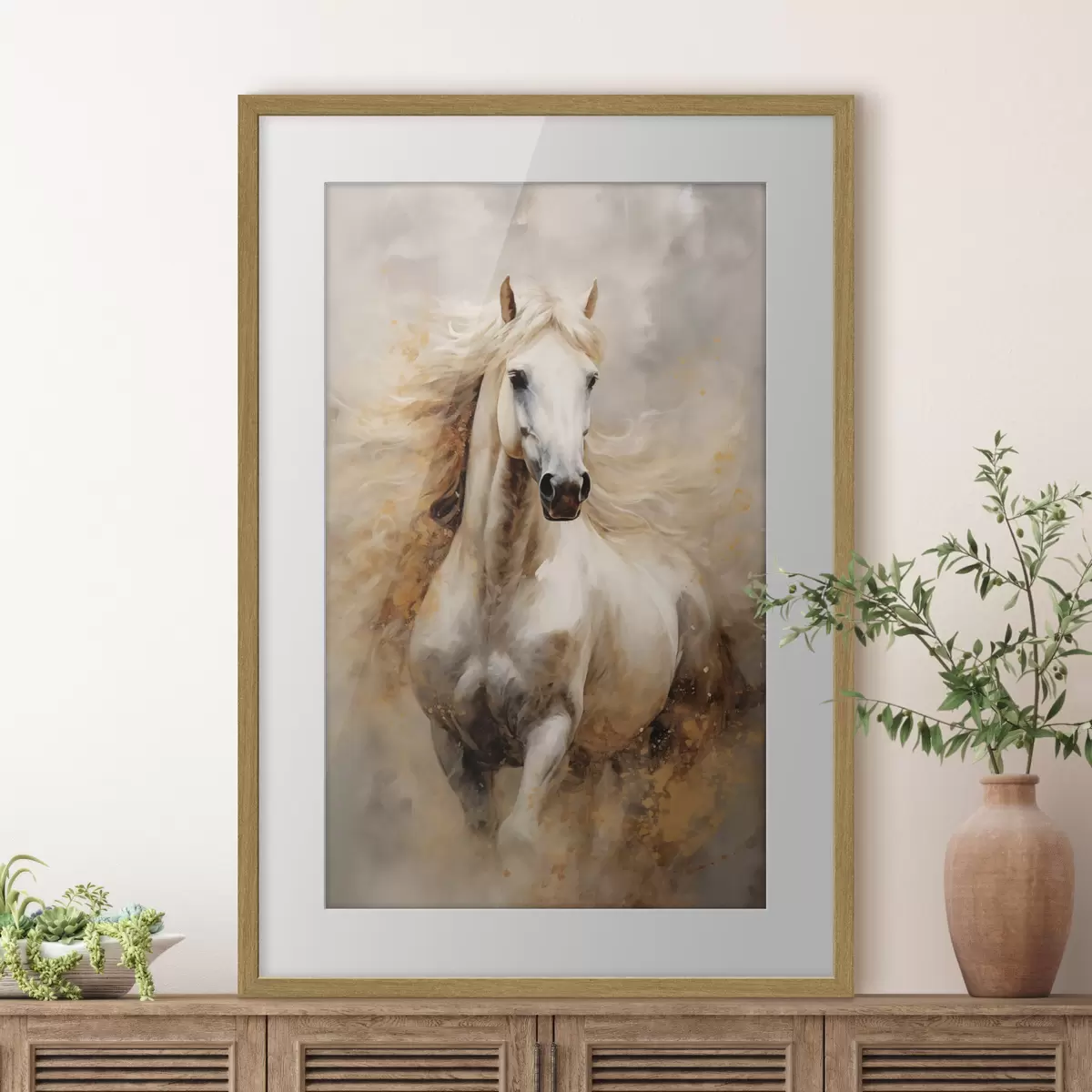 Poster Ritratto pittoresco di un cavallo bianco in movimento f42932