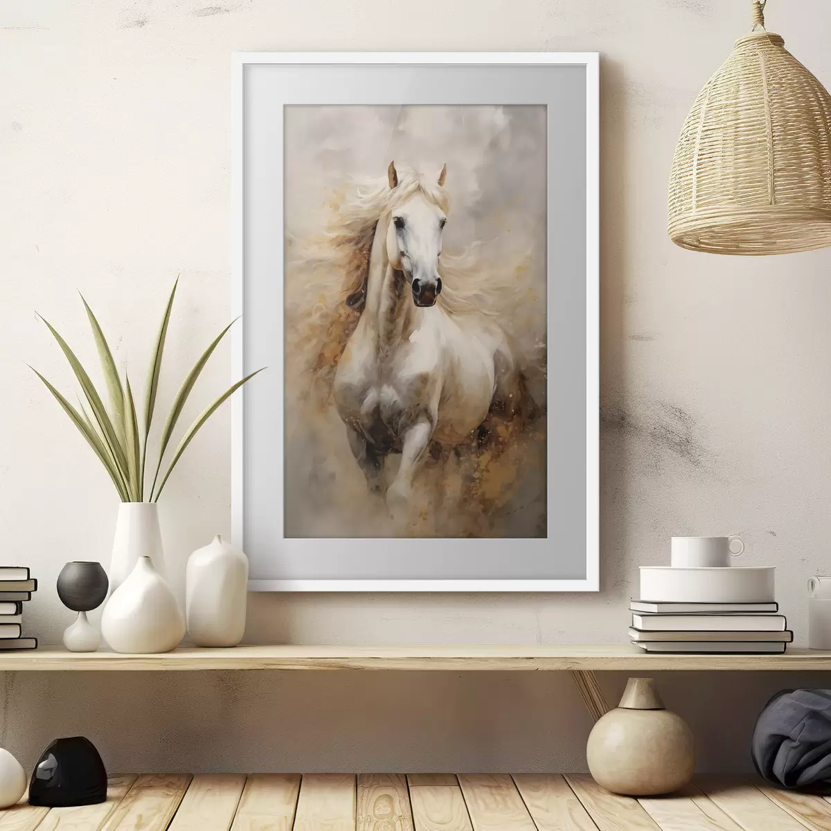 Poster Ritratto pittoresco di un cavallo bianco in movimento f42932