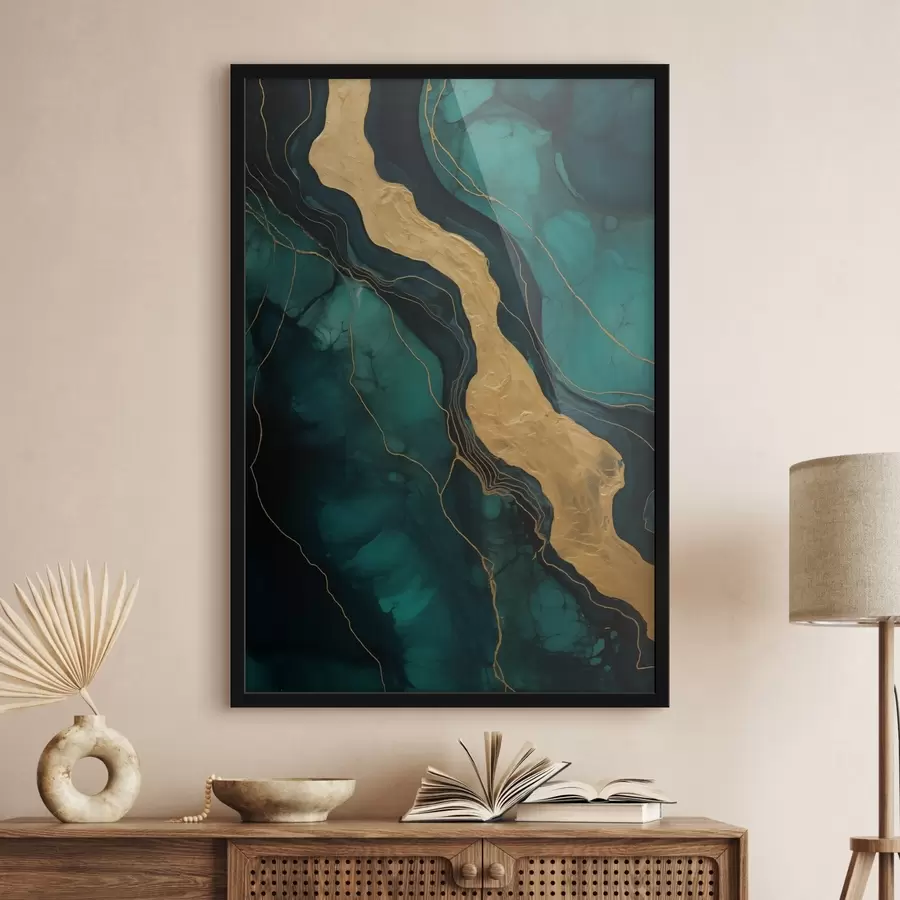 carta da parati Motivo astratto con profonde sfumature di verde e un caldo elemento di contrasto nr. f42934