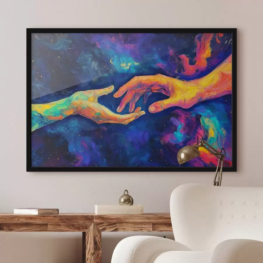 carta da parati Composizione astratta di due mani che si tendono l'un l'altra, in una tavolozza di colori vivaci su uno sfondo cosmico nr. f42937