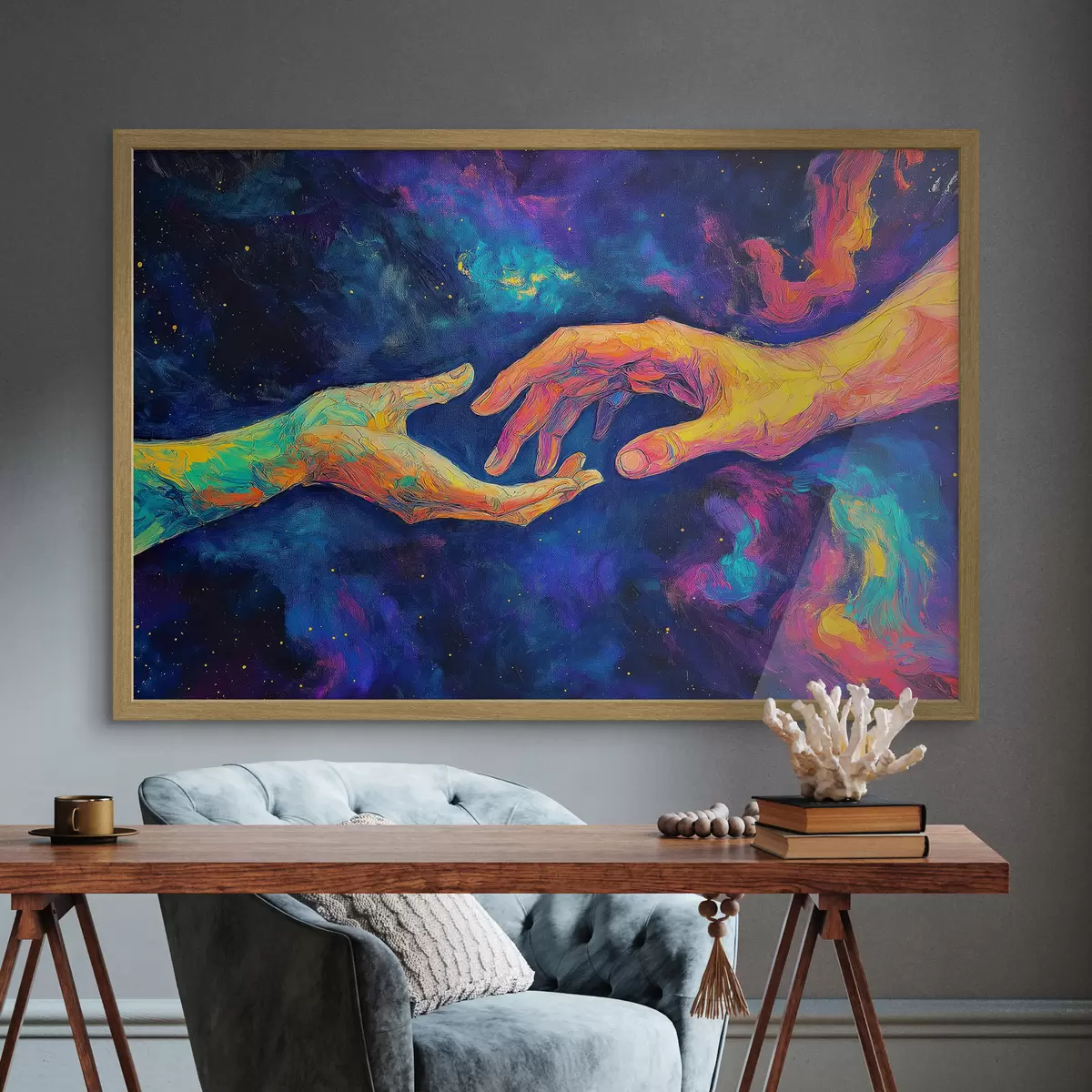 Poster Composizione astratta di due mani che si tendono l'un l'altra, in una tavolozza di colori vivaci su uno sfondo cosmico f42937