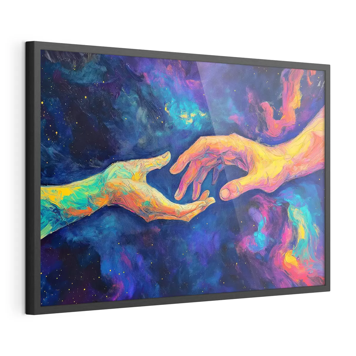 Poster Composizione astratta di due mani che si tendono l'un l'altra, in una tavolozza di colori vivaci su uno sfondo cosmico f42937