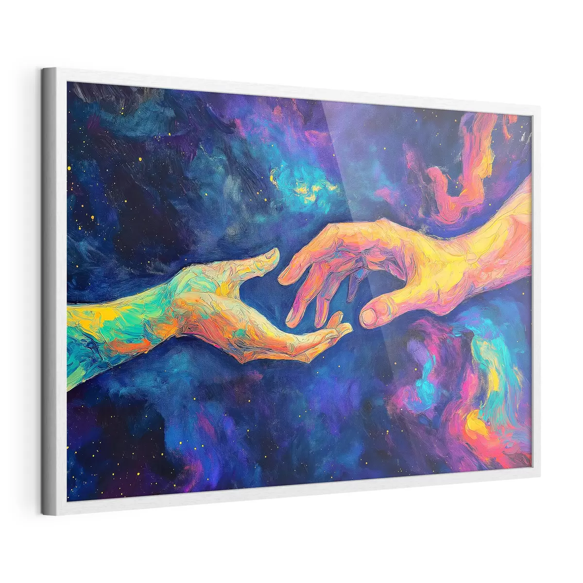 Poster Composizione astratta di due mani che si tendono l'un l'altra, in una tavolozza di colori vivaci su uno sfondo cosmico f42937