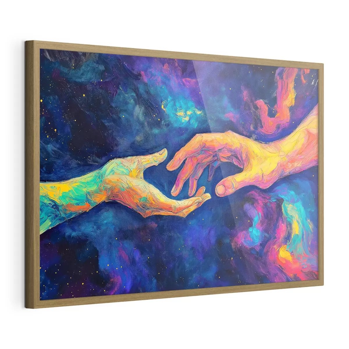 Poster Composizione astratta di due mani che si tendono l'un l'altra, in una tavolozza di colori vivaci su uno sfondo cosmico f42937