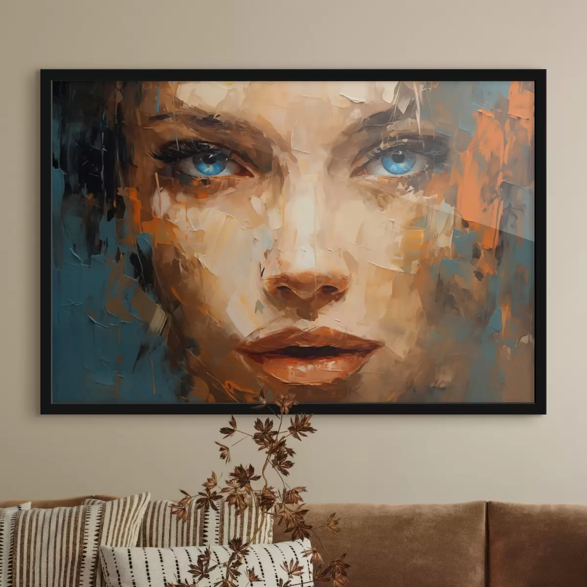 Poster Ritratto astratto di donna con pennellate decise e suggestivi occhi azzurri f42939