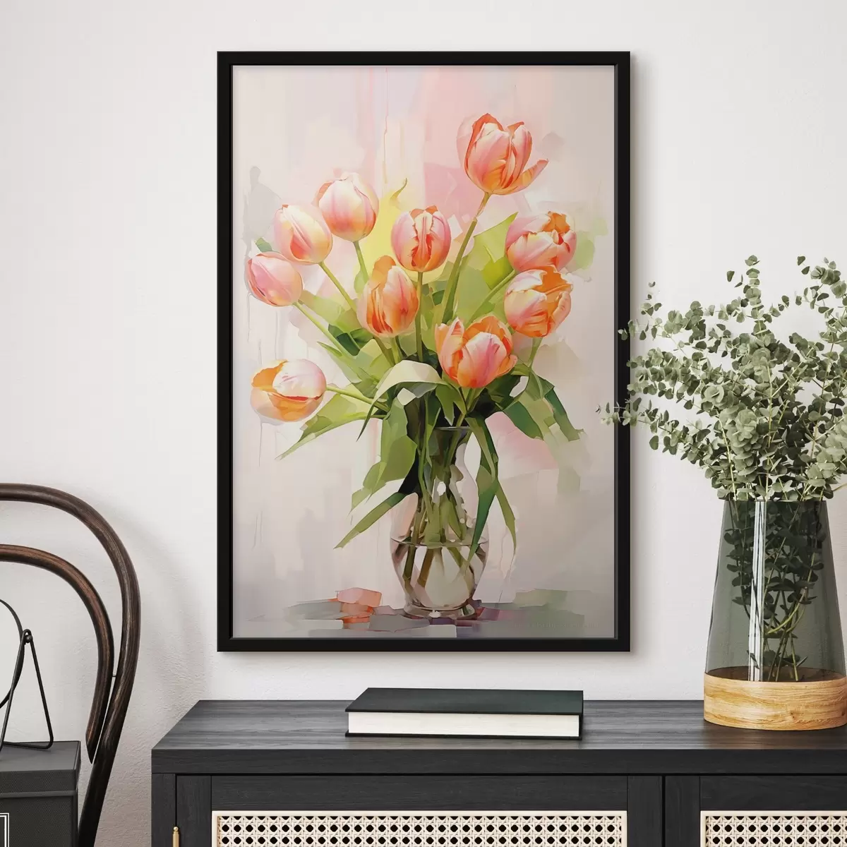 Poster Natura morta pittorica con tulipani in un vaso di vetro su sfondo chiaro f42940