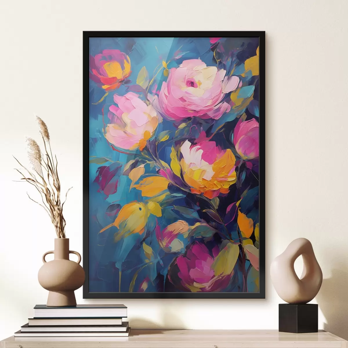 Poster Quadro astratto con fiori vivaci su sfondo blu f42941