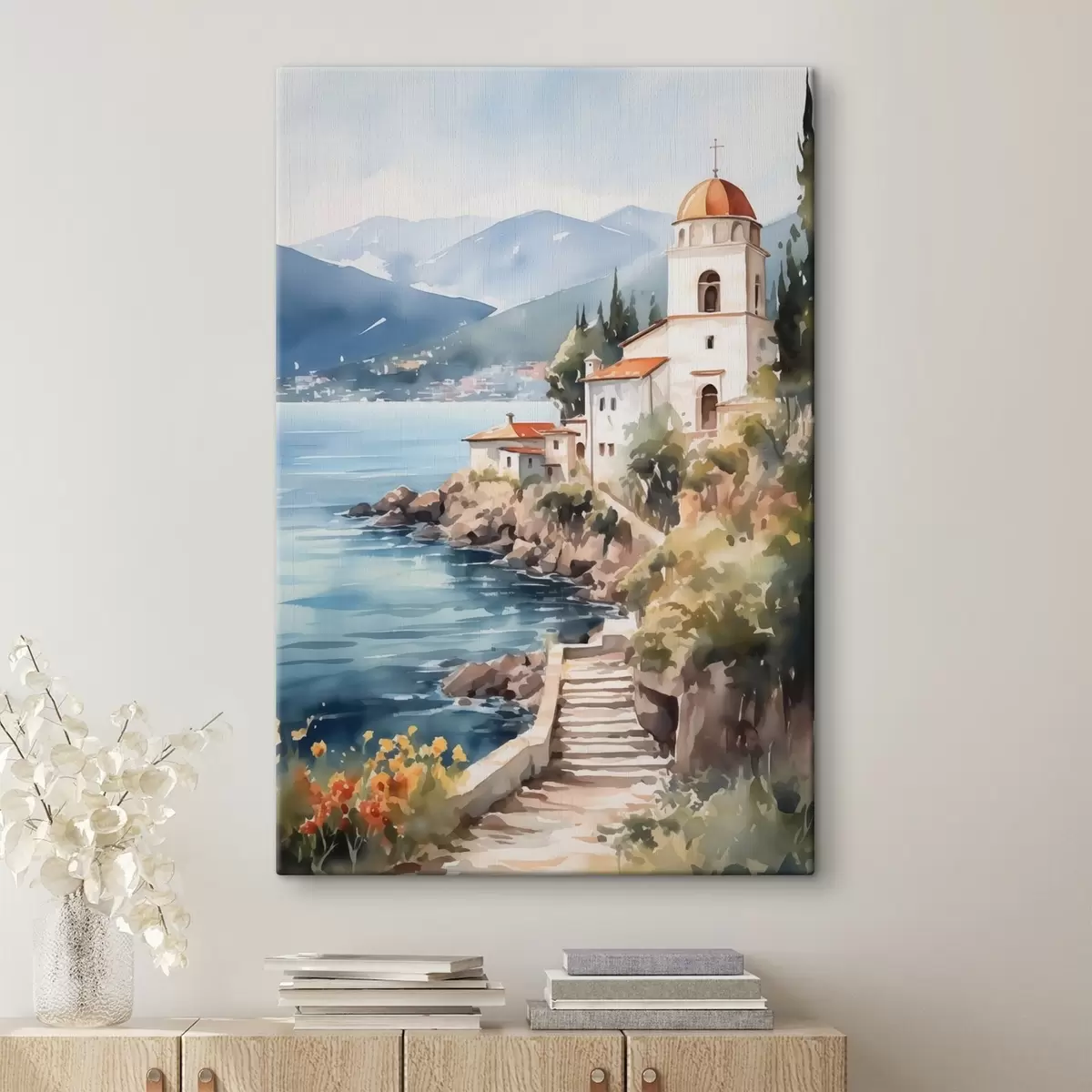 carta da parati Chiesa in riva al mare con montagne sullo sfondo nr. s42962
