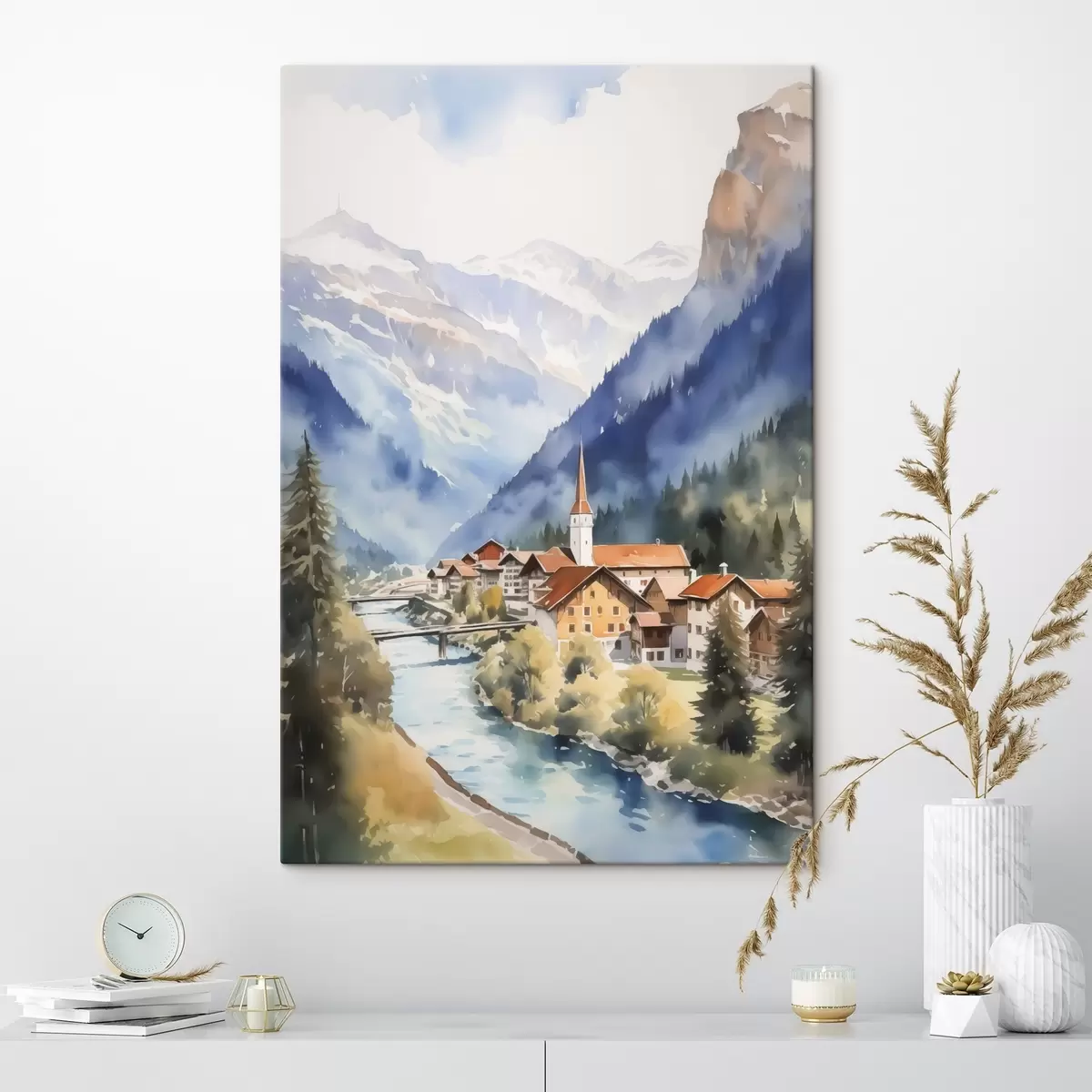 carta da parati Villaggio vicino alle montagne imitazione acquerello nr. s42964