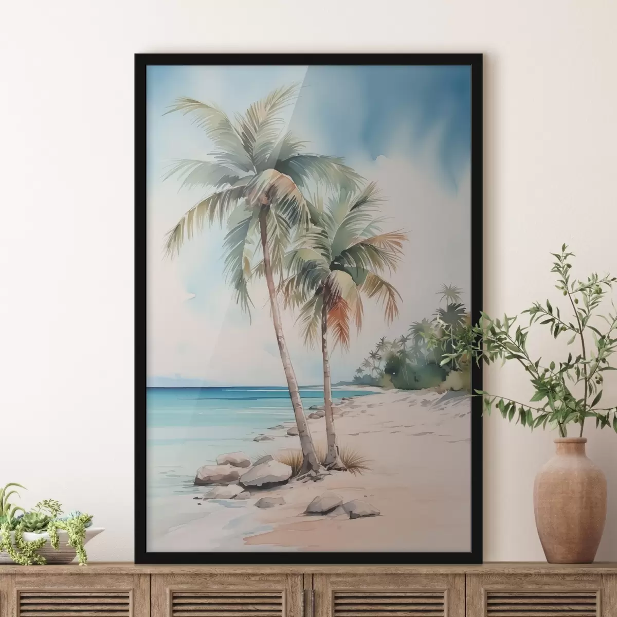 Poster Palme in riva al mare imitazione dell'acquerello f42958