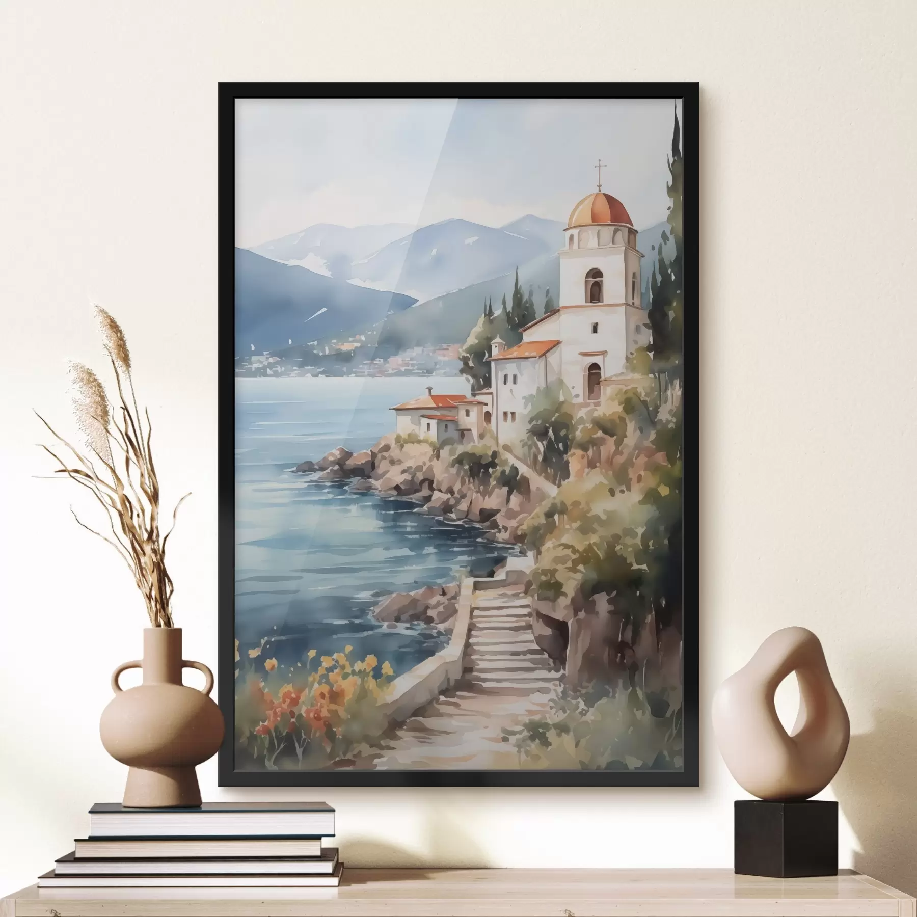 carta da parati Chiesa in riva al mare con montagne sullo sfondo nr. f42962