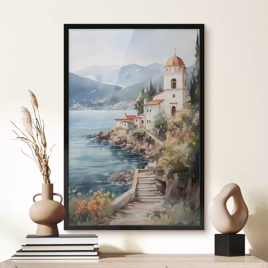 carta da parati Chiesa in riva al mare con montagne sullo sfondo nr. f42962