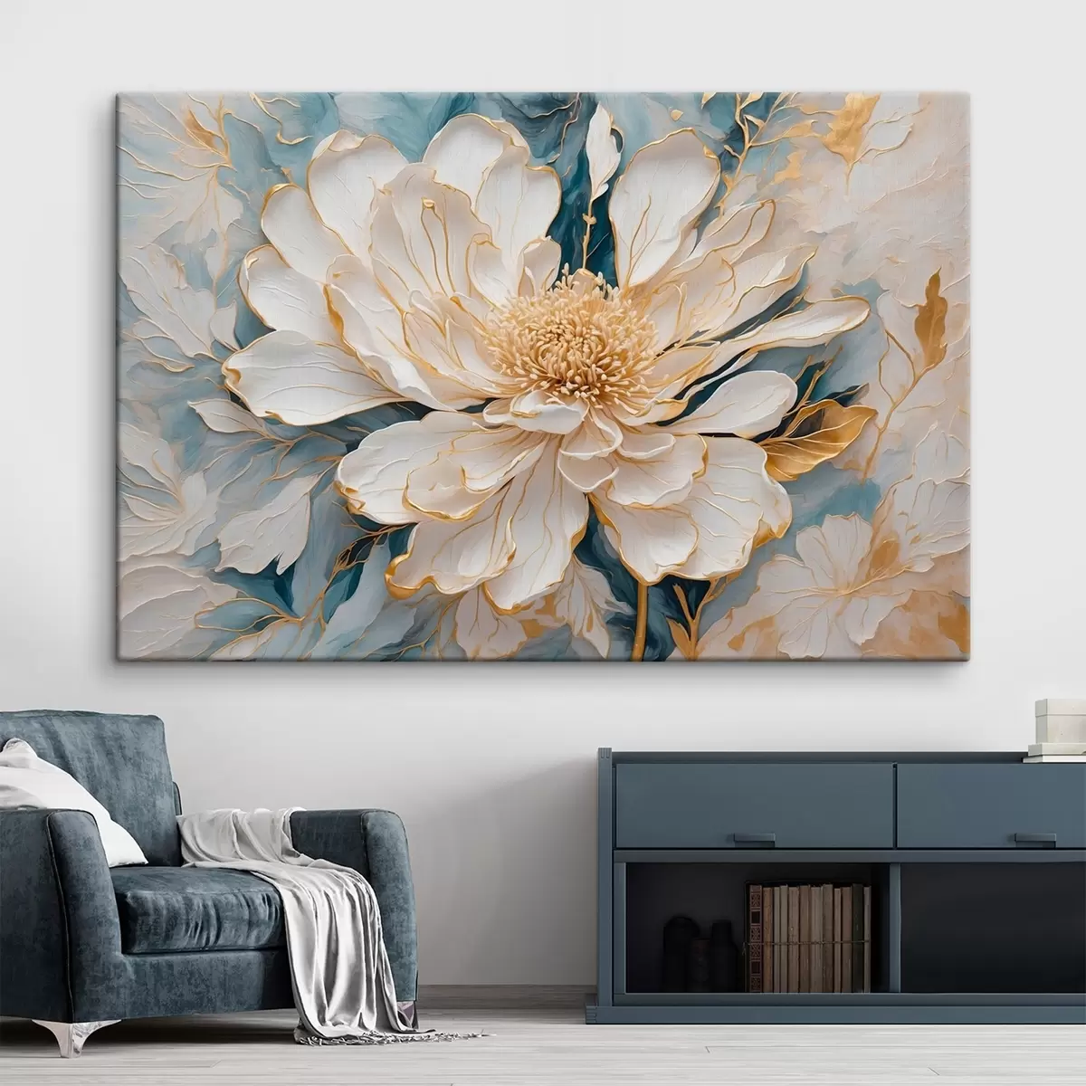 carta da parati Fiore bianco con contorni dorati su sfondo bianco-blu nr. s42923