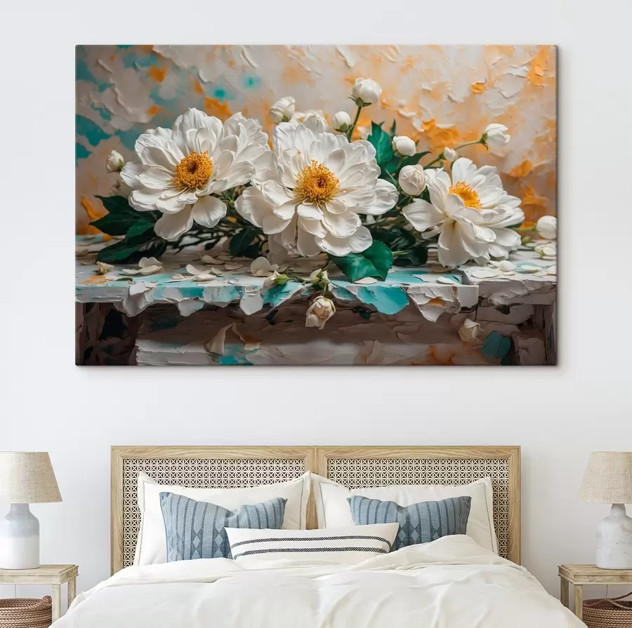 carta da parati Fiori bianchi su un tavolo su sfondo astratto nr. s42924